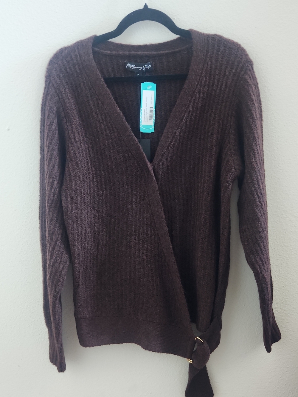 Montgomery Post Dark Brown Espresso Surplice Neck Sweater with D-Ring Tie